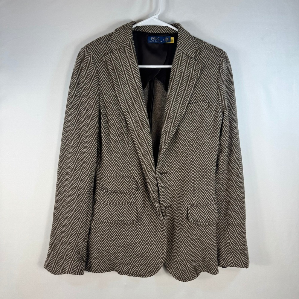Polo Ralph Lauren Brown Herringbone Cotton Wool Blazer Jacket Womens 8